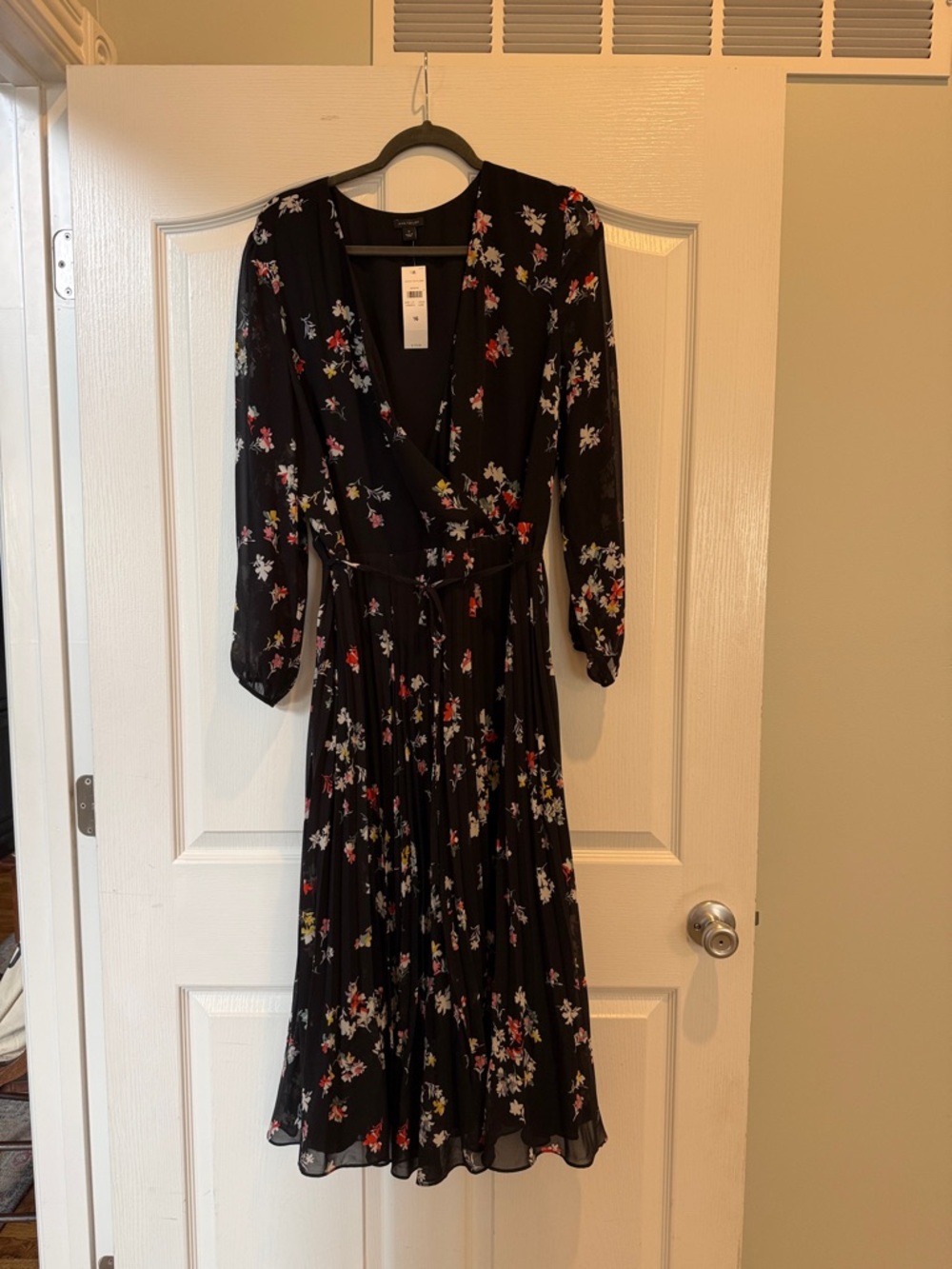 Ann Taylor Black Floral Wrap Midi Dress with Multicolor Blossoms